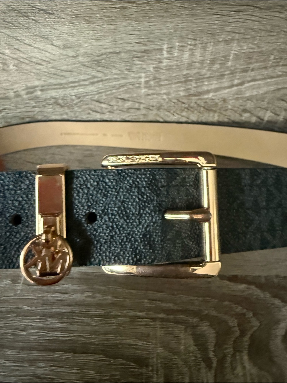 Michael Kors Black Textured Belt with Gold Buckle and MK Charm